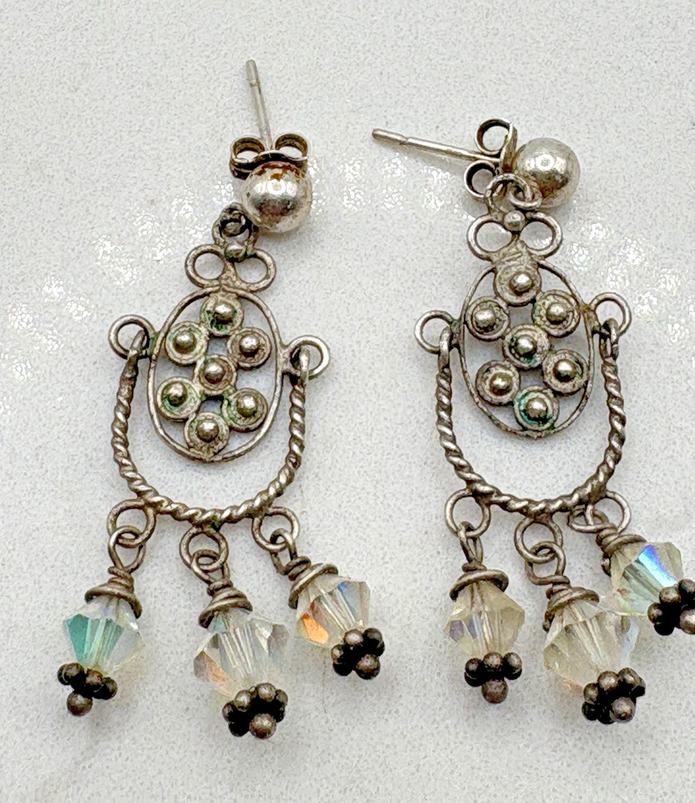 Handmade Sterling Silver 925 Crystal Accents Chandelier Stud Pierced Earrings